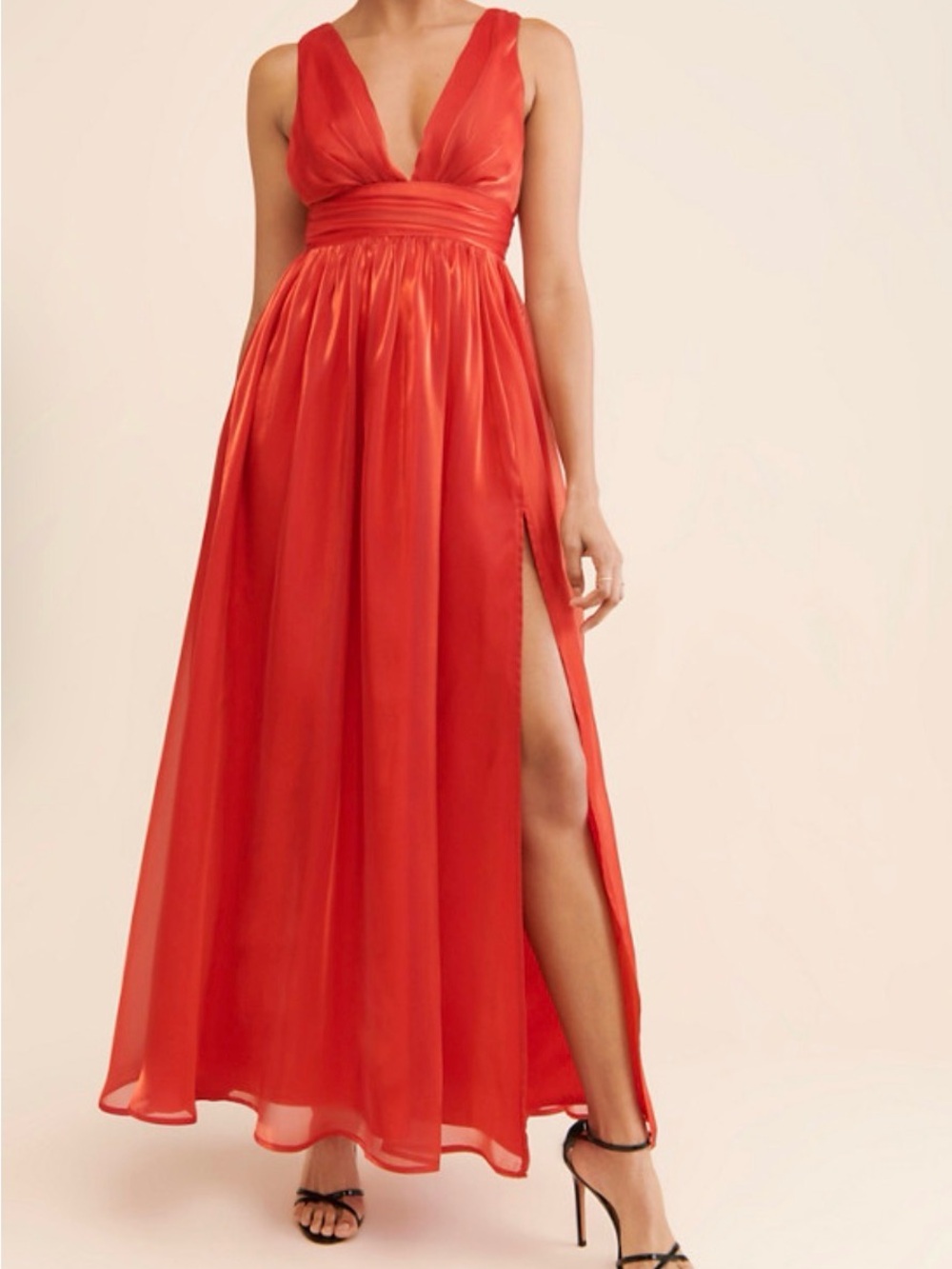 If By Sea Metallic Coral Maxi Gown V-Neck High Slit Dress Size M
